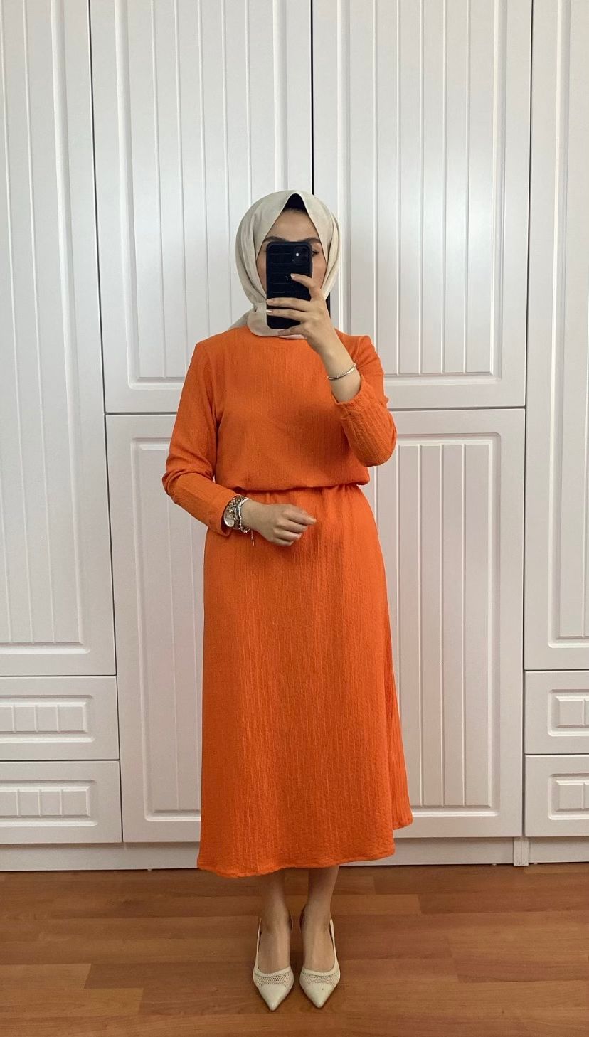 Turuncu Kırınkıl Elbise