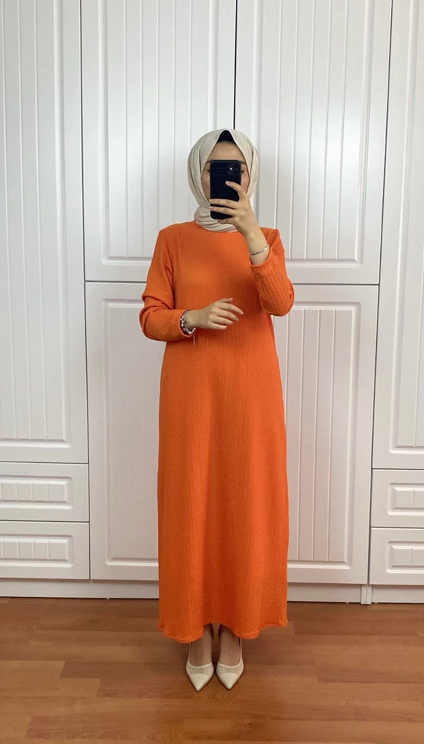 Turuncu Kırınkıl Elbise