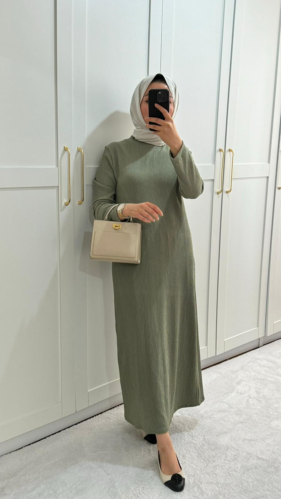 Badem Yeşili Kırınkıl Elbise