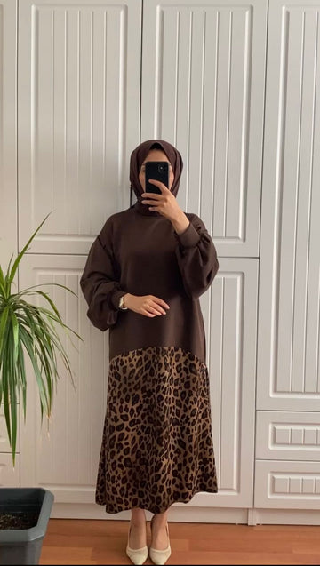 Kahverengi Leopar Sweat Elbise